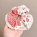 Cute strawberry bow hair scrunchie with red plaid pattern and lace details - 3# Strawberry Jam (White/Red/Lace)