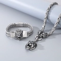 Punk lion head jewelry set featuring a stainless steel woven bracelet and necklace - 12*220mm Bracelet Set