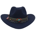 Navy blue western cowboy hat with ethnic braided band and turquoise stone accent - One Size / Navy Blue