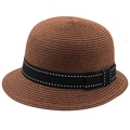 Elegante cappello a campana in paglia marrone con nastro nero e cuciture a pois bianchi - M (56-58cm) / caffè