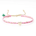 Pink and gold woven friendship bracelet with a polished heart pendant and green tassel detail - Pink and Gold (with Green Tassel)