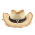 Detail of western straw cowboy hat featuring a tribal band and silver bull skull charm - M (56-58cm) / Beige Rust Red