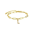 18k gold plated paperclip chain bracelet with micro-paved letter L charm pendant - L