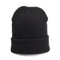 Close-up of black ribbed knit beanie showing fine texture and wide fold-over cuff detail - One Size / Elastic / Black