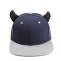 Navy blue baseball cap with grey flat brim featuring 3D black devil horns on top - Grey Brim Navy Hat