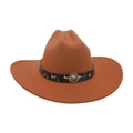 Brown wool felt western cowboy hat with lion head emblem and woven decorative band - Khaki