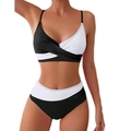 Two-piece black and white patchwork bikini with crossover halter neck and high-waisted bottom - S / Black and White