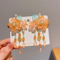 Orange and green flower tassel hair clips for girls featuring frosted petals and pearls - 68# Orange Double Flower Pair Set