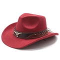 Macro detail of red faux suede cowboy hat featuring leather band and silver bull skull buckle - M (56-58cm) / Burgundy