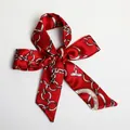 Elegant red satin ribbon scarf with gold chain print and Paris lettering bow - S53-Red Paris Chain