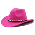 Detail of rose red wool felt cowboy hat featuring ethnic style wooden bead decoration - Rose Red