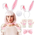 Pink and white plush rabbit ears headband with tail and paws cosplay accessory set - 4-Piece Set (Headband+Gloves+Bowtie+Tail) / White and Pink Long Ear 4-Piece Set