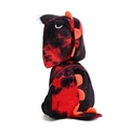 Detail of dinosaur plush backpack with red and black tie-dye pattern and orange fins - Red
