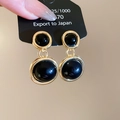 Detail of vintage round resin pendant earrings in gold finish with 925 silver posts - Earrings(Silver Pin)-Gold-Black