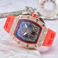 Luxury tonneau quartz watch with diamond-set rose gold case and red rubber strap - Red Dial Rose Gold Case Red Strap