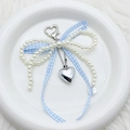 Blue plaid ribbon bow keychain with pearls and silver heart pendant for bag charm - Blue Checkered Ribbon