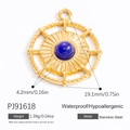 Golden stainless steel compass pendant with blue stone inlay and sunburst design - Center Blue Bead Sun Pattern Style (PJ91618)