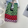 Green knitted tote bag featuring colorful heart patterns and wide top handles - Three Color Hearts Pink
