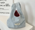 Sac à main en denim bleu clair avec broderies de nœuds blancs et doublure à carreaux rouges - Bleu Clair Nœud