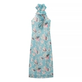 French style floral sleeveless long dress with ruffle high neck in light blue - S / Sky Blue
