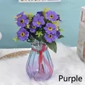 Artificial purple silk cherry blossom bouquet in gradient blue glass vase with ribbon - Purple