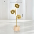 Golden sunflower metal desk ornament with wooden base and detailed product measurements - Y03-Sunflower / Gold
