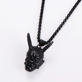 Close-up of black metal bull skull pendant with horns and matching chain necklace - Black Color (With 0.35x60cm Chain)