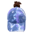 Tie-dye high ponytail baseball cap with distressed finish and top opening for hair - Purple and Blue Tie-dye