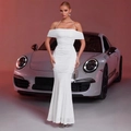 Detail of white sequin fishtail evening gown with halter neck and shimmering mesh texture - S / White