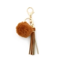 DIY keychain with brown pom pom and leather tassel accessory for women handbag charm - Brown
