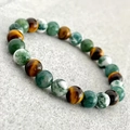 Elastic beaded bracelet with natural tiger eye stone and green moss agate beads - Moss Agate & Tiger Eye