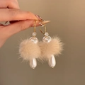Elegant C-shaped earrings with gold hoops, white pearls, and beige plush fur balls - 925 Sterling Silver Earring Post Coffee Pearl Hairball Style