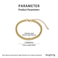 Detail view of 18K gold plated stainless steel Cuban chain bracelet with dimensions - Gold Cuban Chain (KB188857-Z)