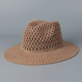 Detailed view of breathable diamond weave texture on a brown wide brim Panama straw hat - M(56-58cm) / Khaki