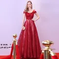 Elegante rode avondjurk met blote schouders, pailletten en een A-lijn rok design - US maat 2 (S) / Bordeauxrood