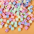 White acrylic cube beads with colorful heart and star patterns for DIY jewelry making - 6x6 White Fluorescent Star And Moon (100 Stars)