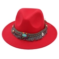 Detail of red wool fedora with bohemian ethnic woven bands and turquoise stone - Kids One Size (54cm) / Red