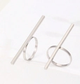 Minimalist silver geometric open ring set with polished metal rectangular bar detail - Silver Minimalist Long Bar Geometric Ring Set (2Pcs) (31戒指2个)