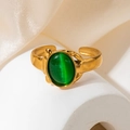 Adjustable golden stainless steel ring featuring a large green oval cat-eye gemstone - Green Cat's Eye Oval Cabochon Style (TYR0846)