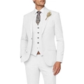 Detail of slim-fit white three-piece suit featuring fabric texture and golden corsage - White