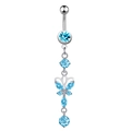 Detailed close-up of a silver belly ring featuring a sparkling blue zircon butterfly pendant - 1966 Butterfly Blue