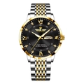 Mens business watch with gold-toned stainless steel band and black diamond dial - Gold Band Black Dial