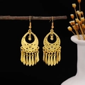 Bohemian gold tassel drop earrings with intricate hollow carving on black background - E5746-1 Multi Layer Hollow Dangle