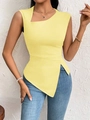 Elegant light yellow asymmetrical neck sleeveless top with irregular hem for women - S / Light Yellow