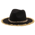 Women's black raffia sun hat with elegant gold chain and natural fringe trim - M (56-58cm) / 1 Black (Frayed Edge)