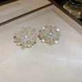 Macro shot of pearl flower stud earrings with gold plating and sparkling crystals - Rhinestone Wreath Large Pearl Stud Earrings (19#)