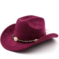 Detail of dark purple suede cowboy hat with ethnic beaded band and decorative stone - Burgundy