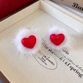 Winter heart earrings with white plush fur and matte red heart design for women - 81# Plush Heart / White/Red