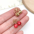 Red cherry fruit pendant with gold alloy and sparkling crystals for DIY jewelry - KC Gold Red Bowknot Rhinestone Cherry (23398)