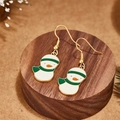 Festive Christmas snowman earrings with green scarf and gold-tone hooks on wooden base - Christmas Snowman with Green Scarf Style (E00907G)
